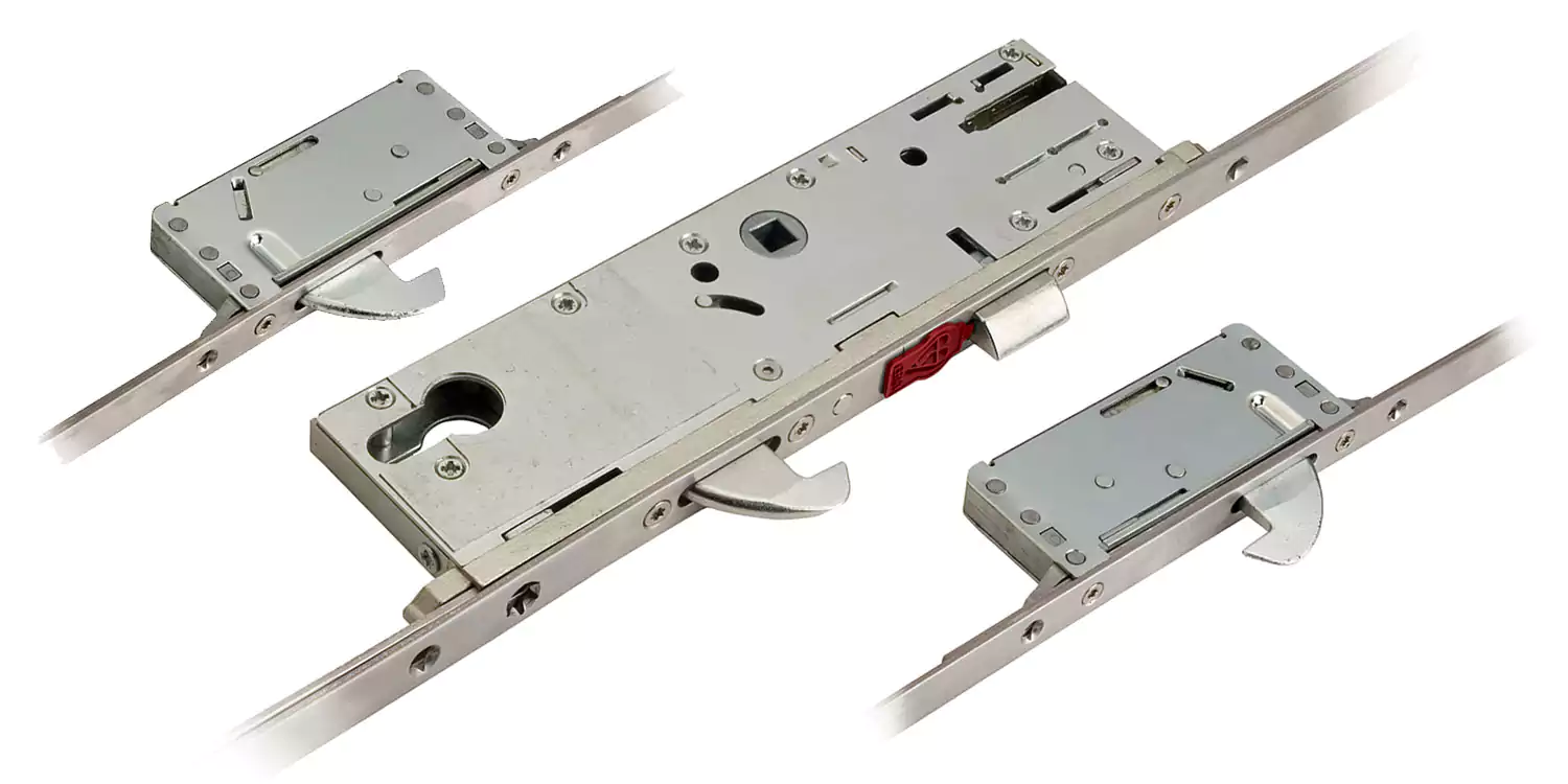 uPVC Door Lock Repair Rotherham set of five removed multi-point locking mechanisms against a new lock mechanism at the top